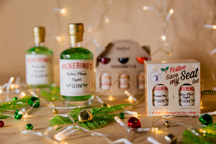 A variety of festive Pickering's Gin products in a festive backdrop