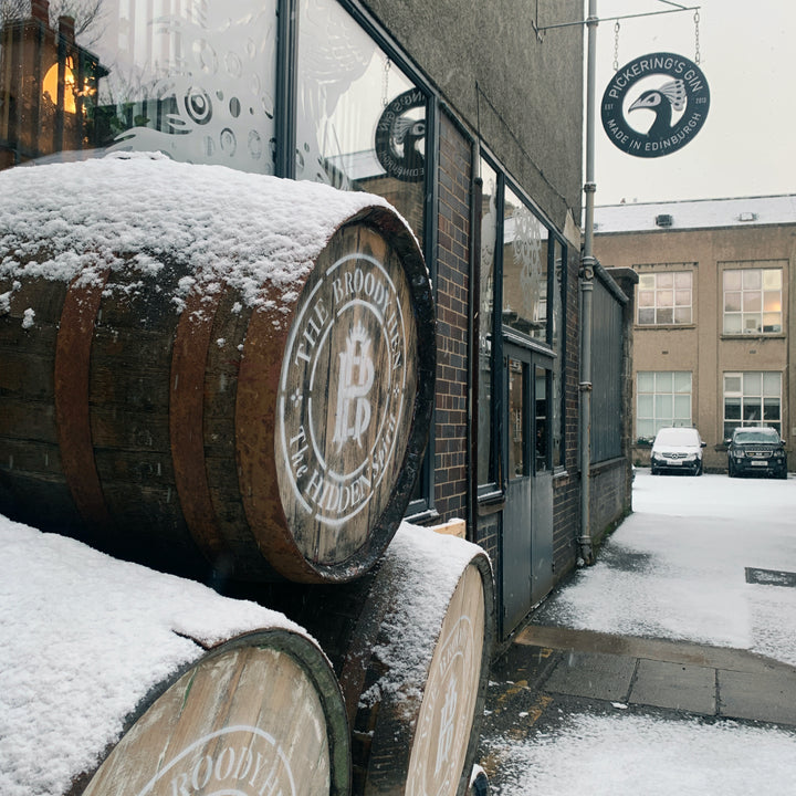 Snow covering The Broody Hen casks