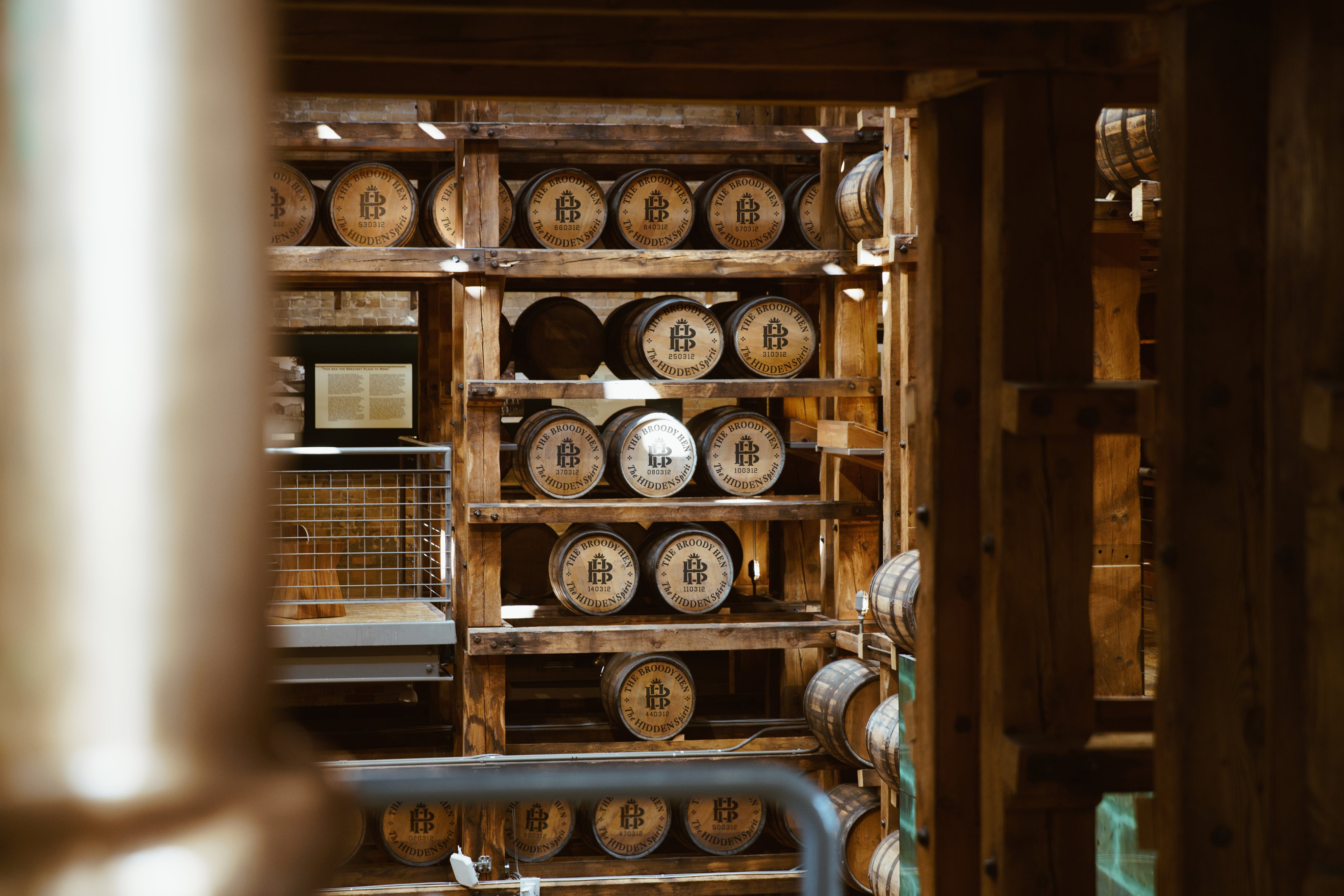 Cask of The Broody Hen Whisky on a rack