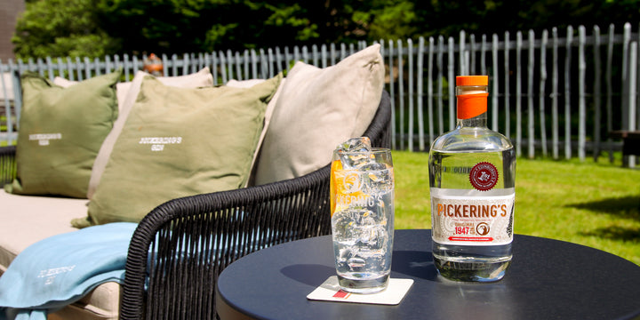 Bottle of Pickering's Gin and drink outside