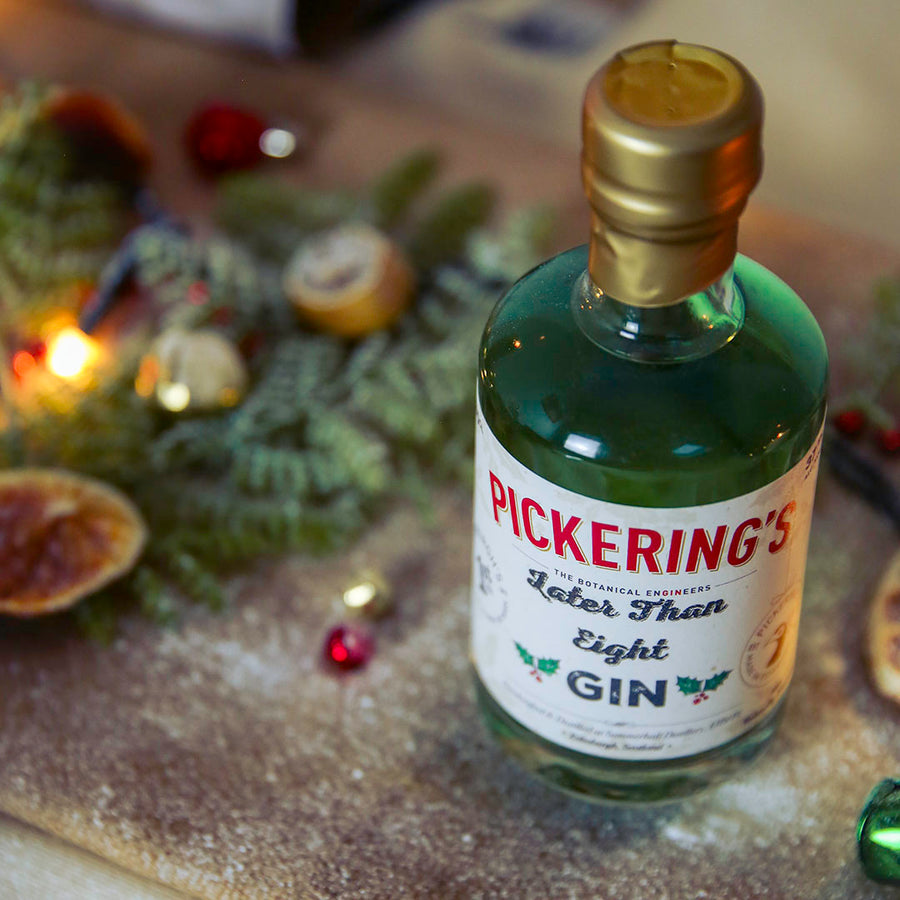 Bottle of Pickering's Later Than Eight Gin in a festive background