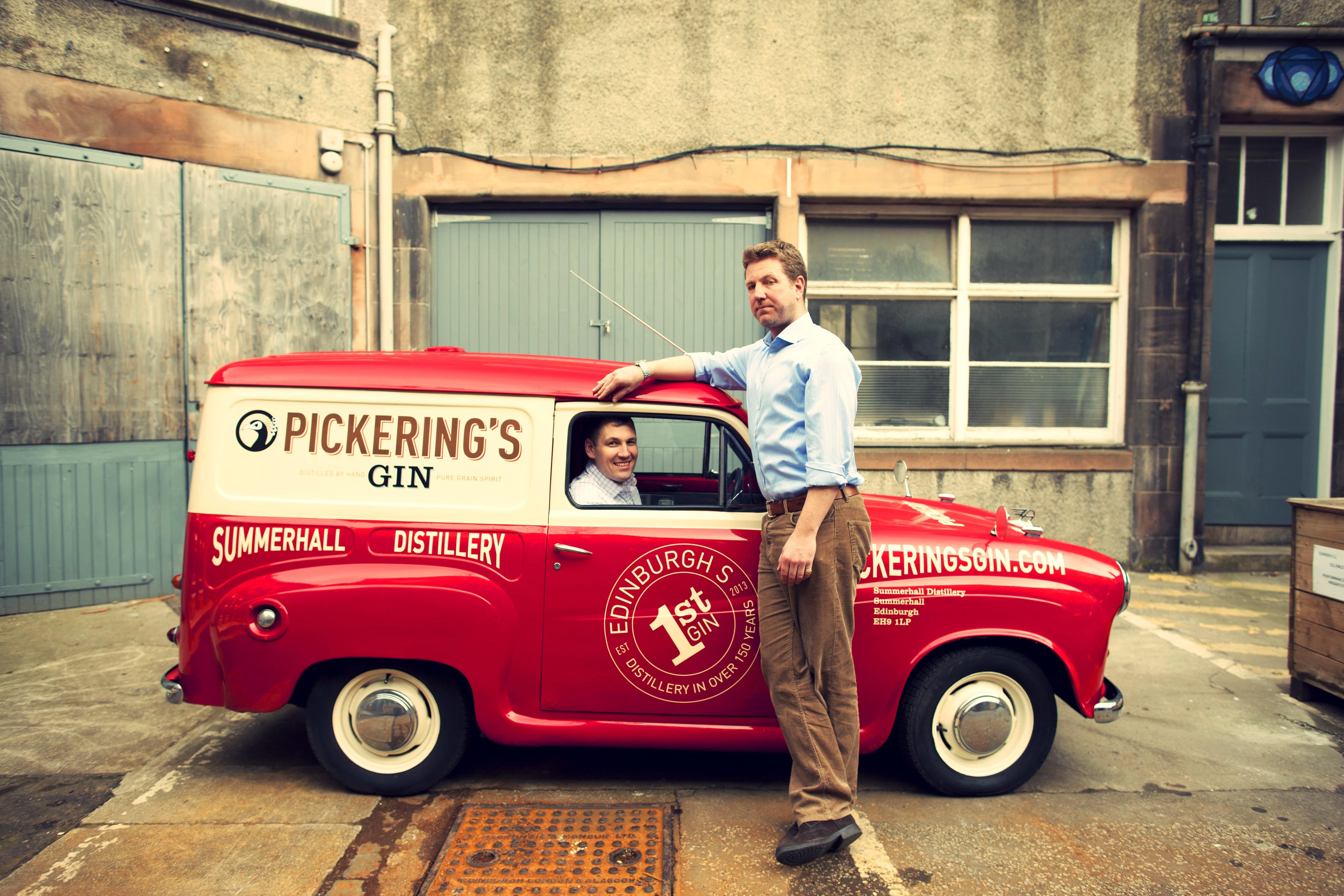 Matt in the Pickering's Gin van with Marcus standing outside it