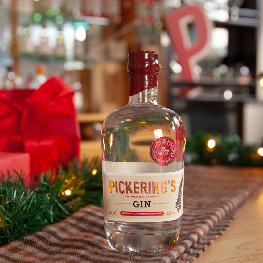 Bottle of Pickering's Gin in a festive background